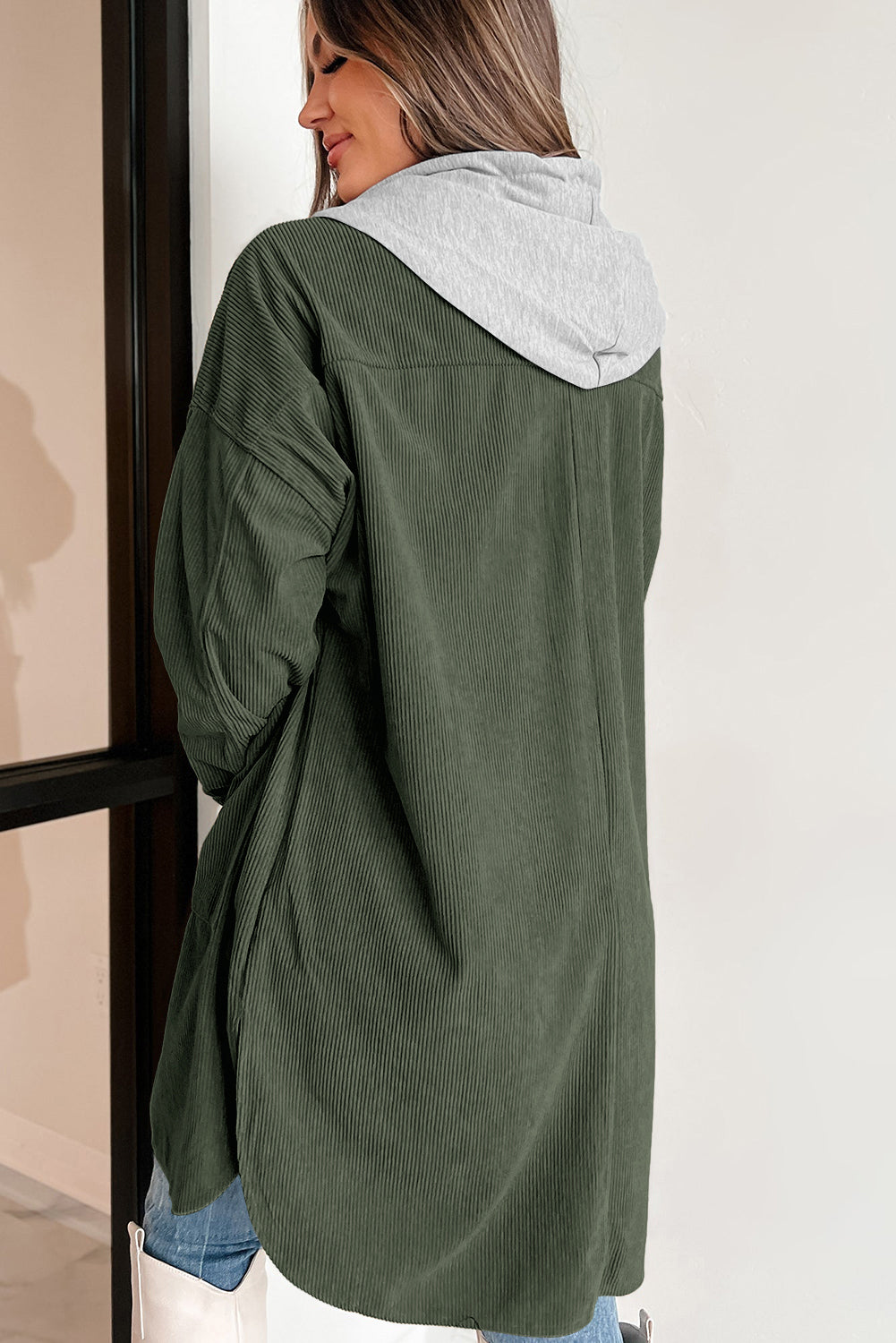 Jungle Green Oversized Corduroy Contrast Hooded Shacket 🇺🇲