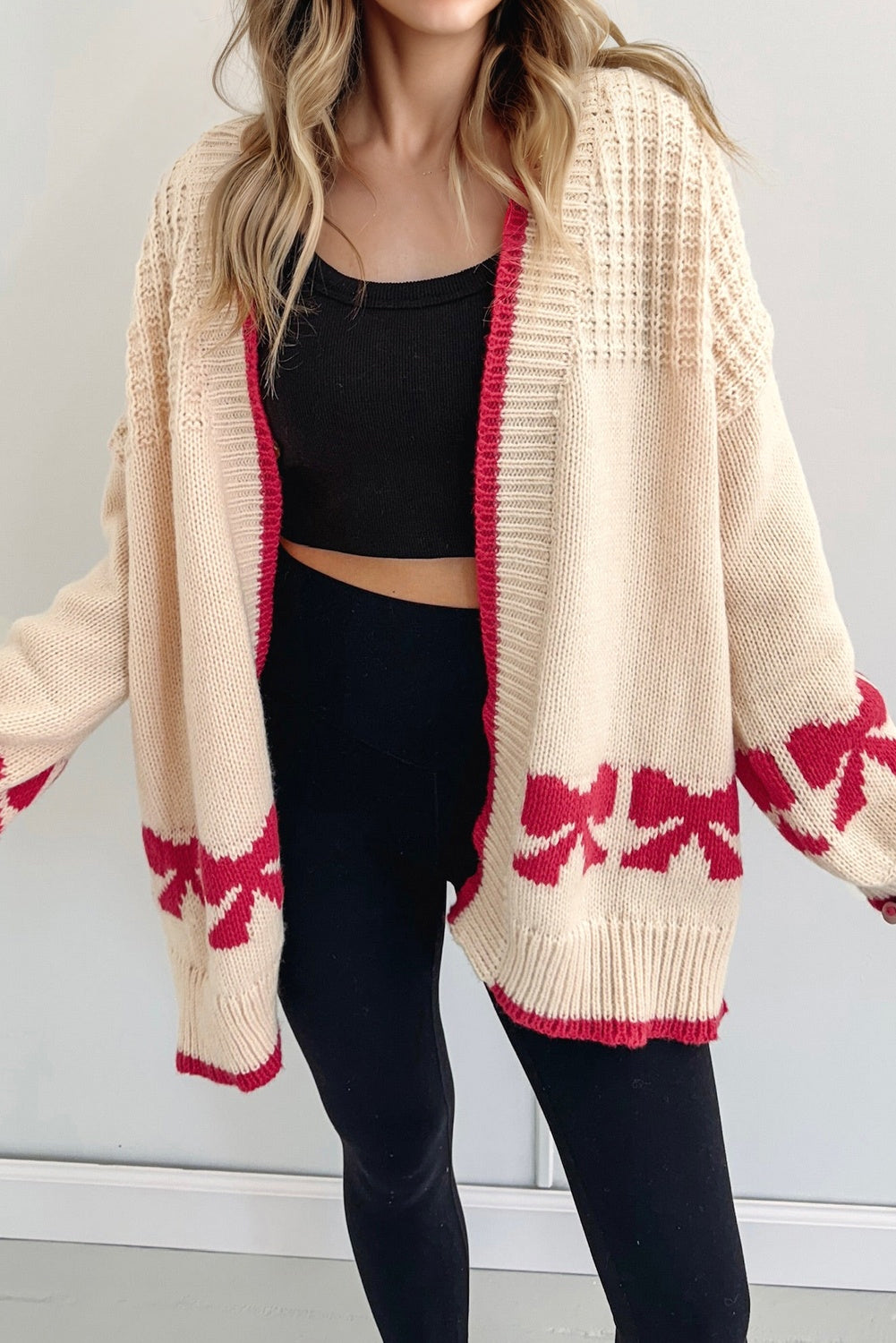 Apricot Bow Pattern Textured Open Front Baggy Cardigan 🇺🇸