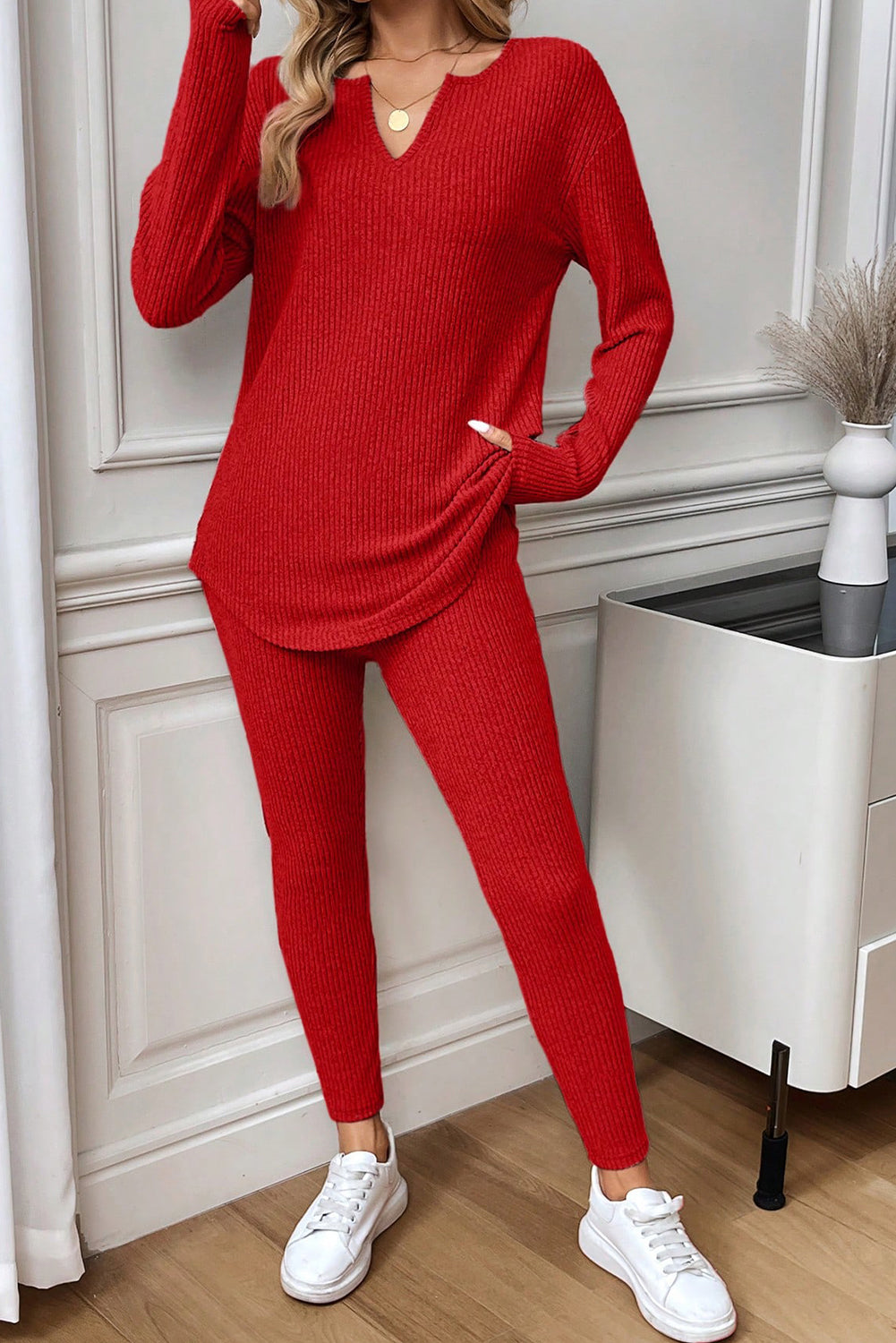 Racing Red Ribbed Notched Neck Knit Long Sleeve Leggings Two Pieces Lounge Set 🇺🇸