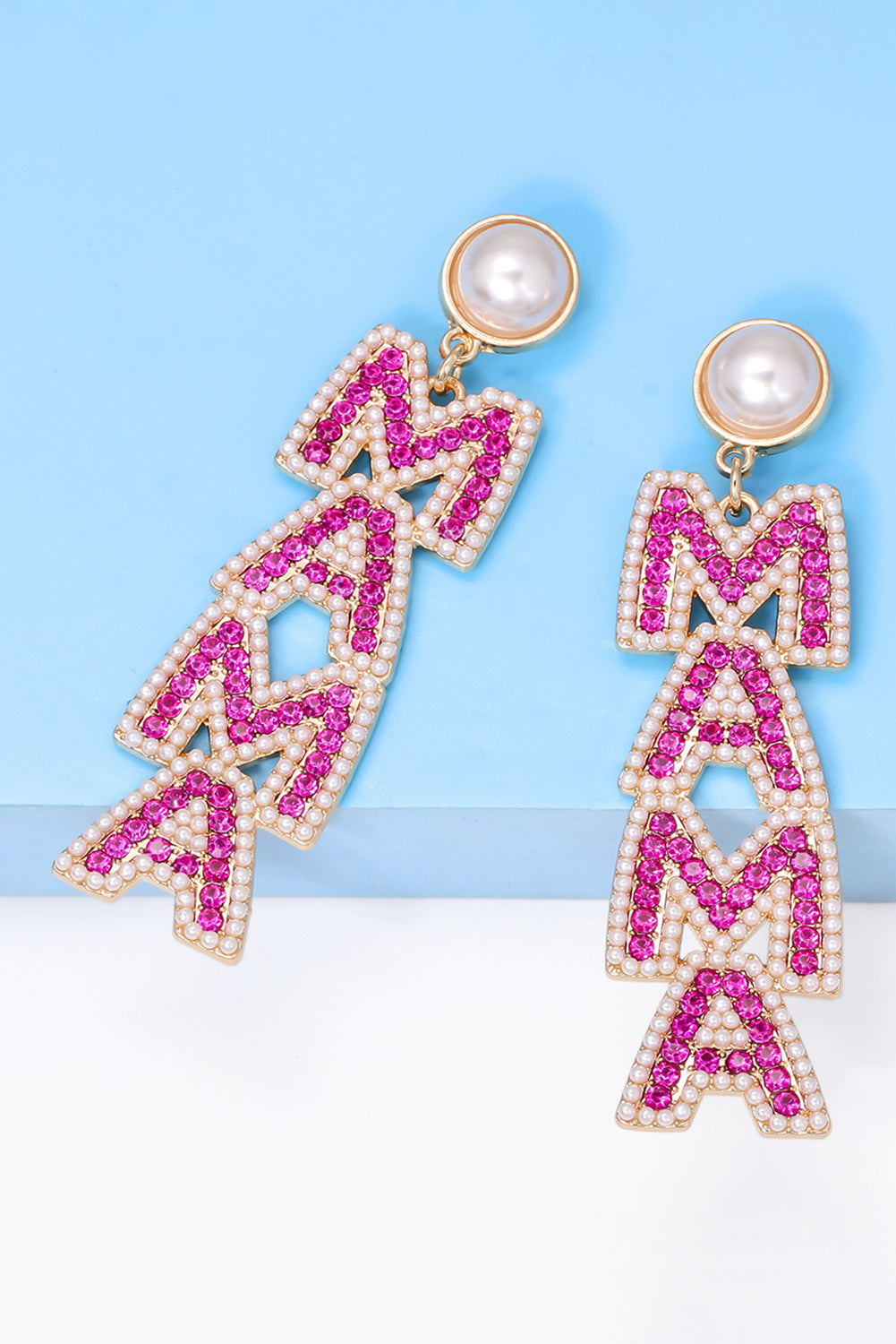 Rose Red MAMA Rhinestone Pearl Dangle Stud Earrings 🇨🇳