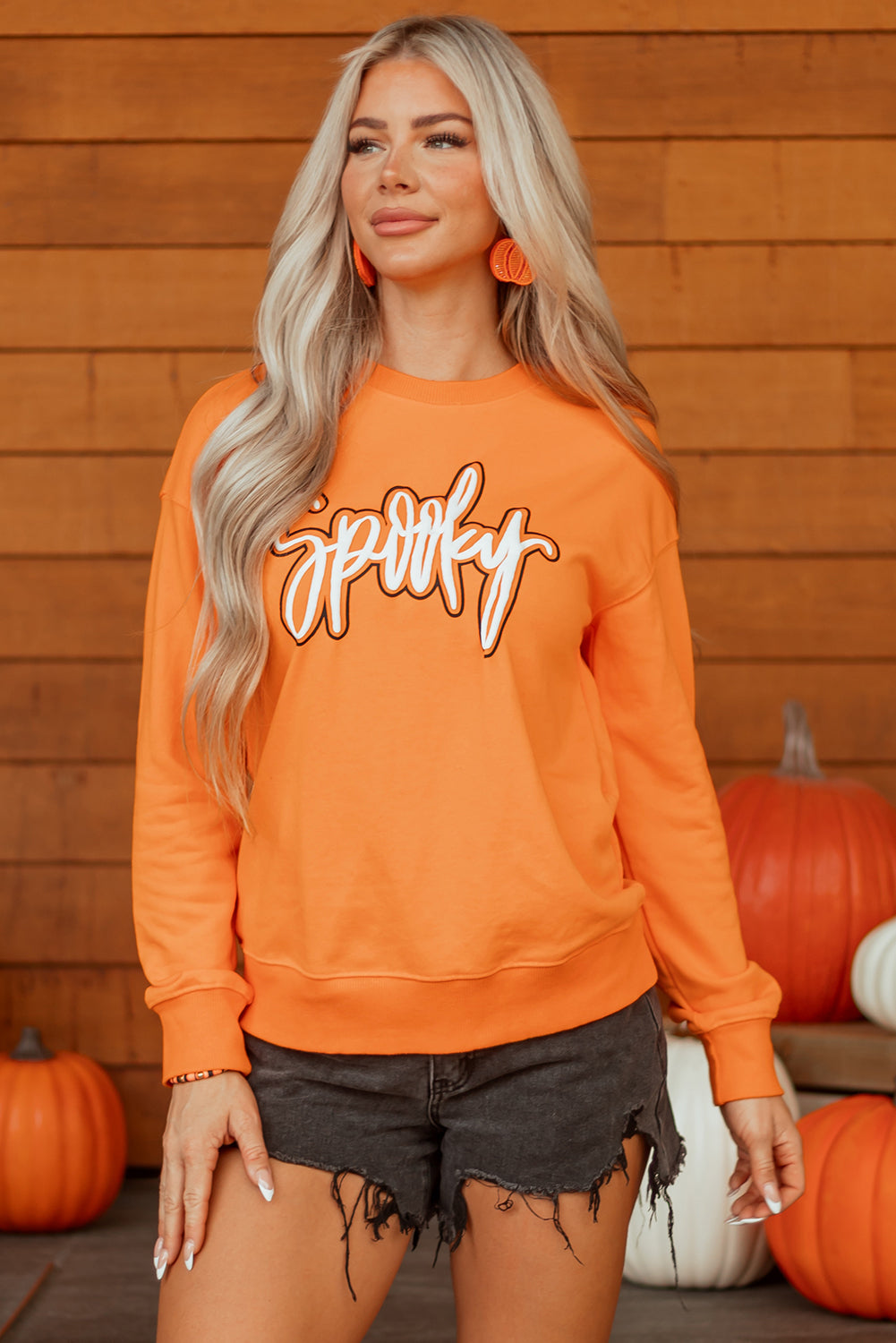 Grapefruit Orange Spooky Graphic Halloween Crew Neck Holiday Sweatshirt 🇺🇸