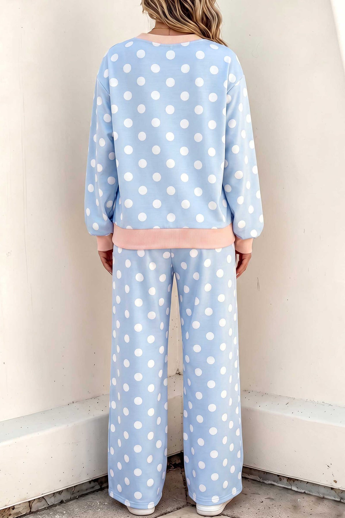 Sky Blue Polka Dot Contrast Trim Long Sleeve Top Drawstring Shift Pants Set 🇺🇸