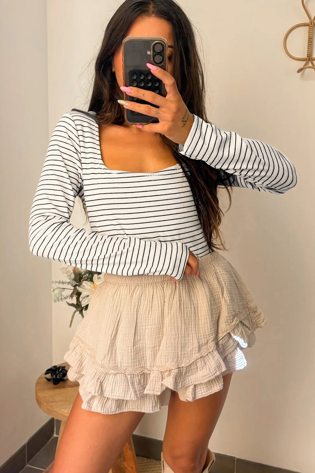 White Stripe Square Neck Long Sleeve Top 🇺🇸