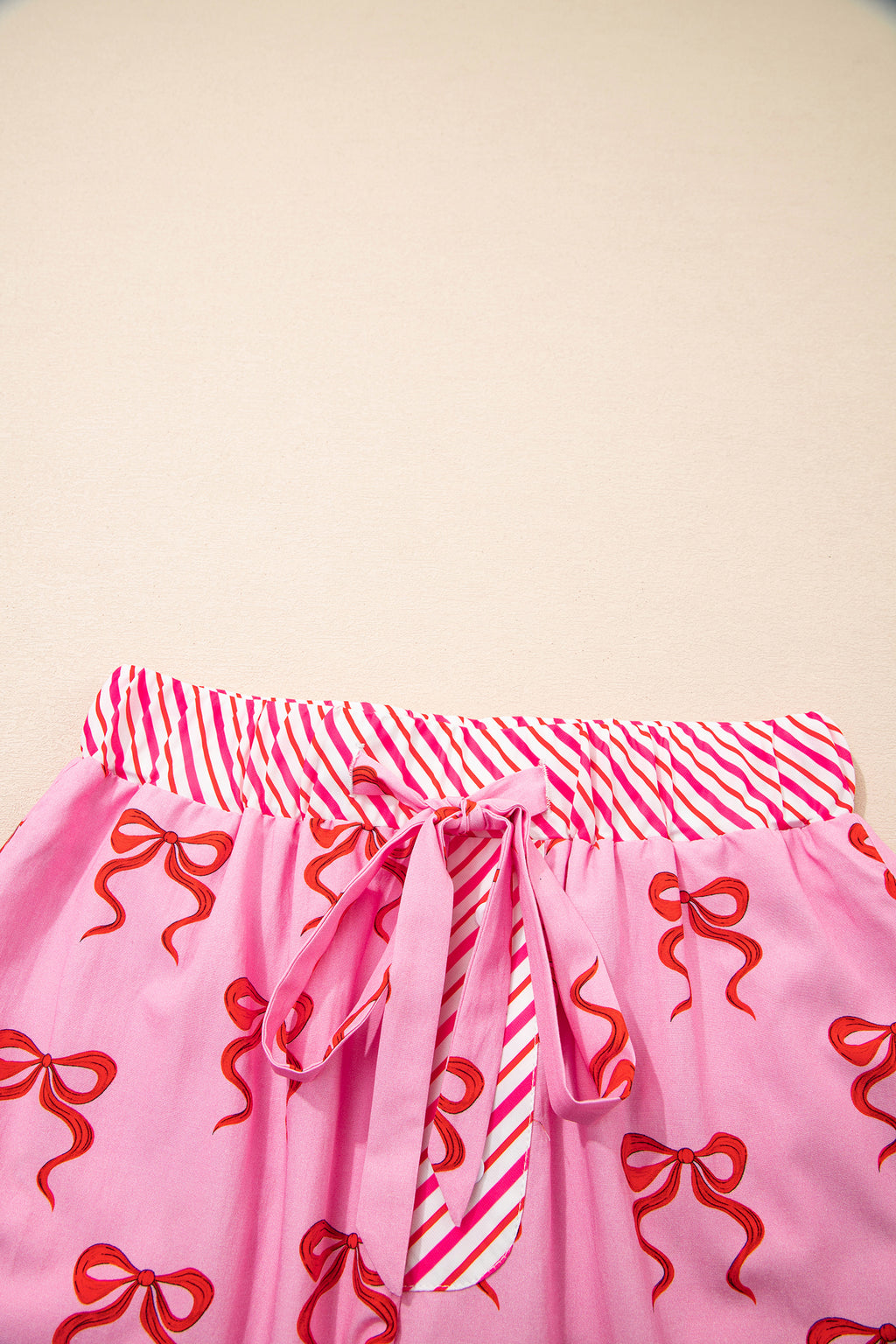 Pink Bow Print Striped Patchwork Elastic Waist Lace Trim Loose Shorts 🇺🇸