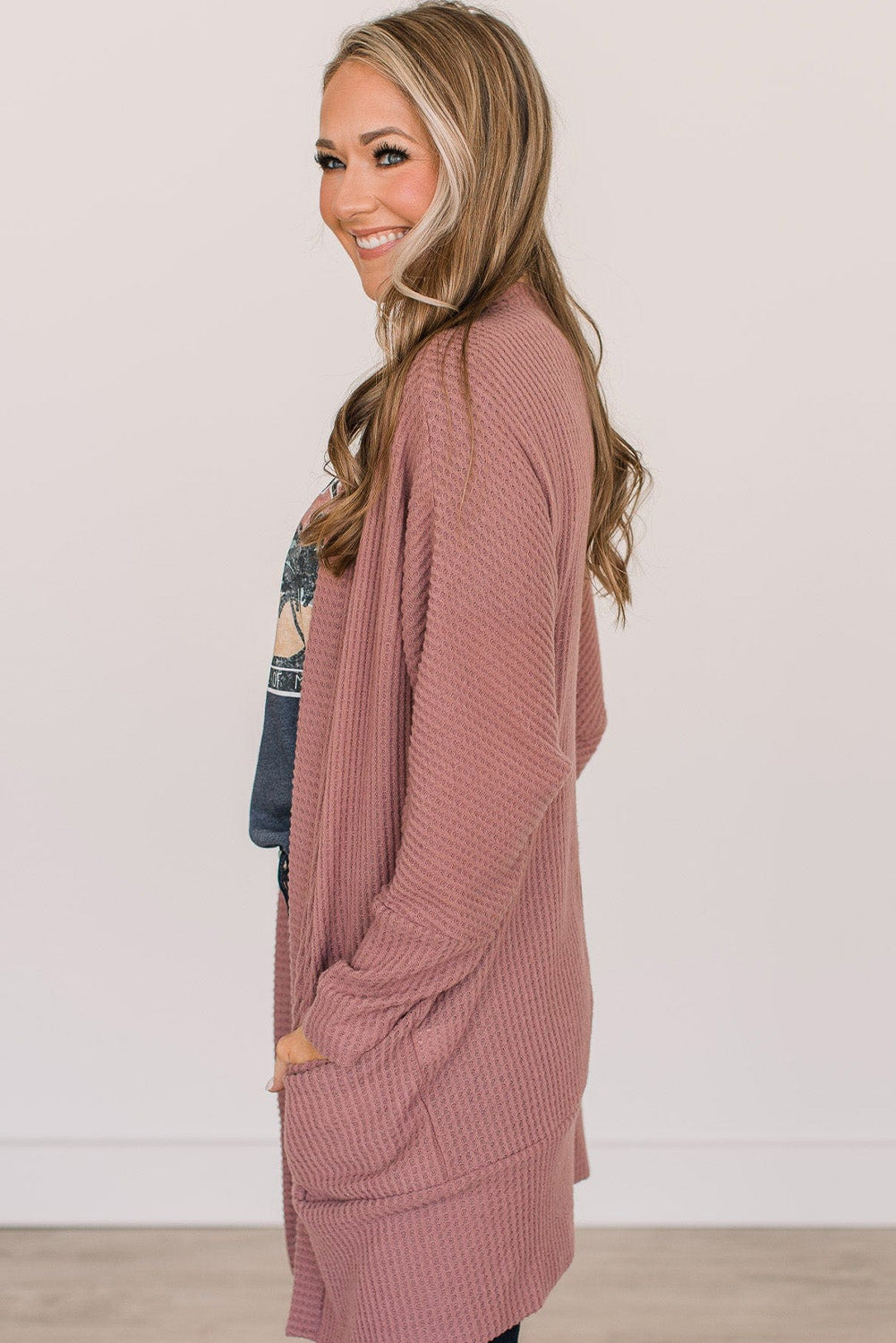 Mineral Red Solid Color Waffle Knit Cardigan with Pocket 🇨🇳