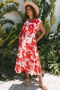 Red Floral Print Trimmed V Neck Ruffle Sleeve Long Dress 🇺🇸