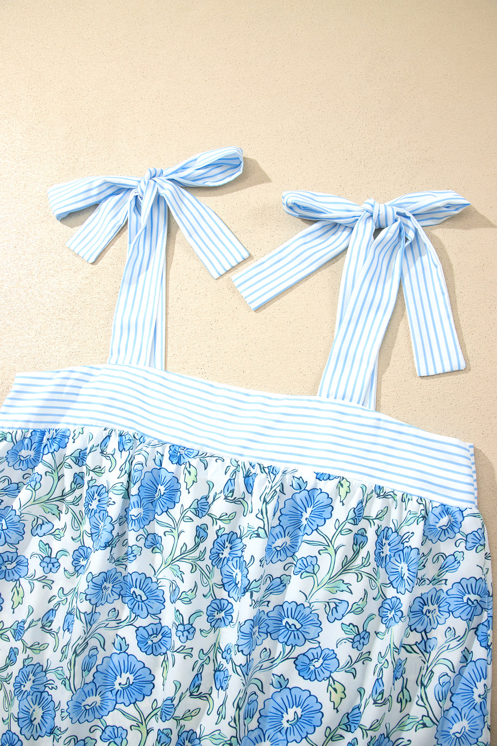 Sky Blue Floral Striped Patchwork Knot Straps 2pcs Short Set 🇺🇸