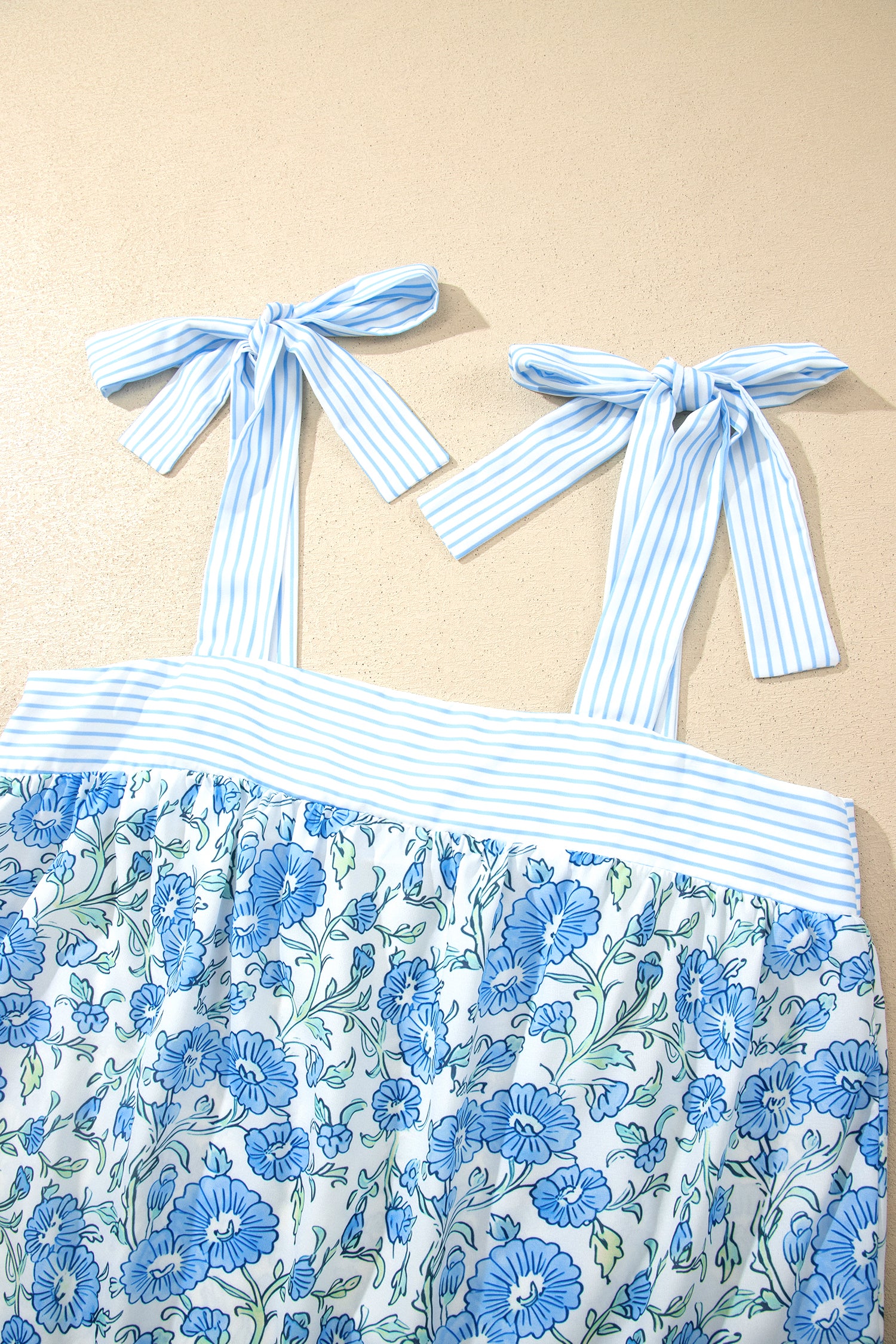 Sky Blue Floral Striped Patchwork Knot Straps 2pcs Short Set 🇺🇸