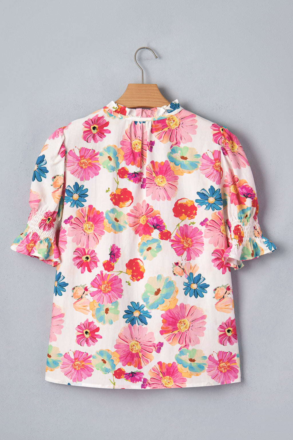 Beige Vibrant Summer Floral Tie V Neck Short Puff Sleeve Blouse 🇺🇸
