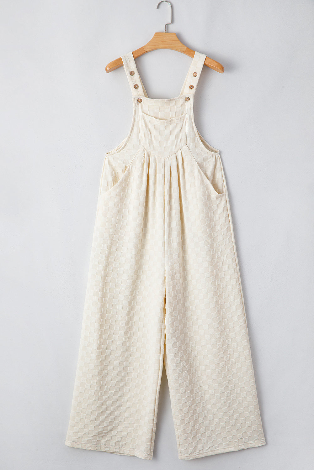 Beige Checkered Pocketed High Waist Wide Leg Overall 🇨🇳