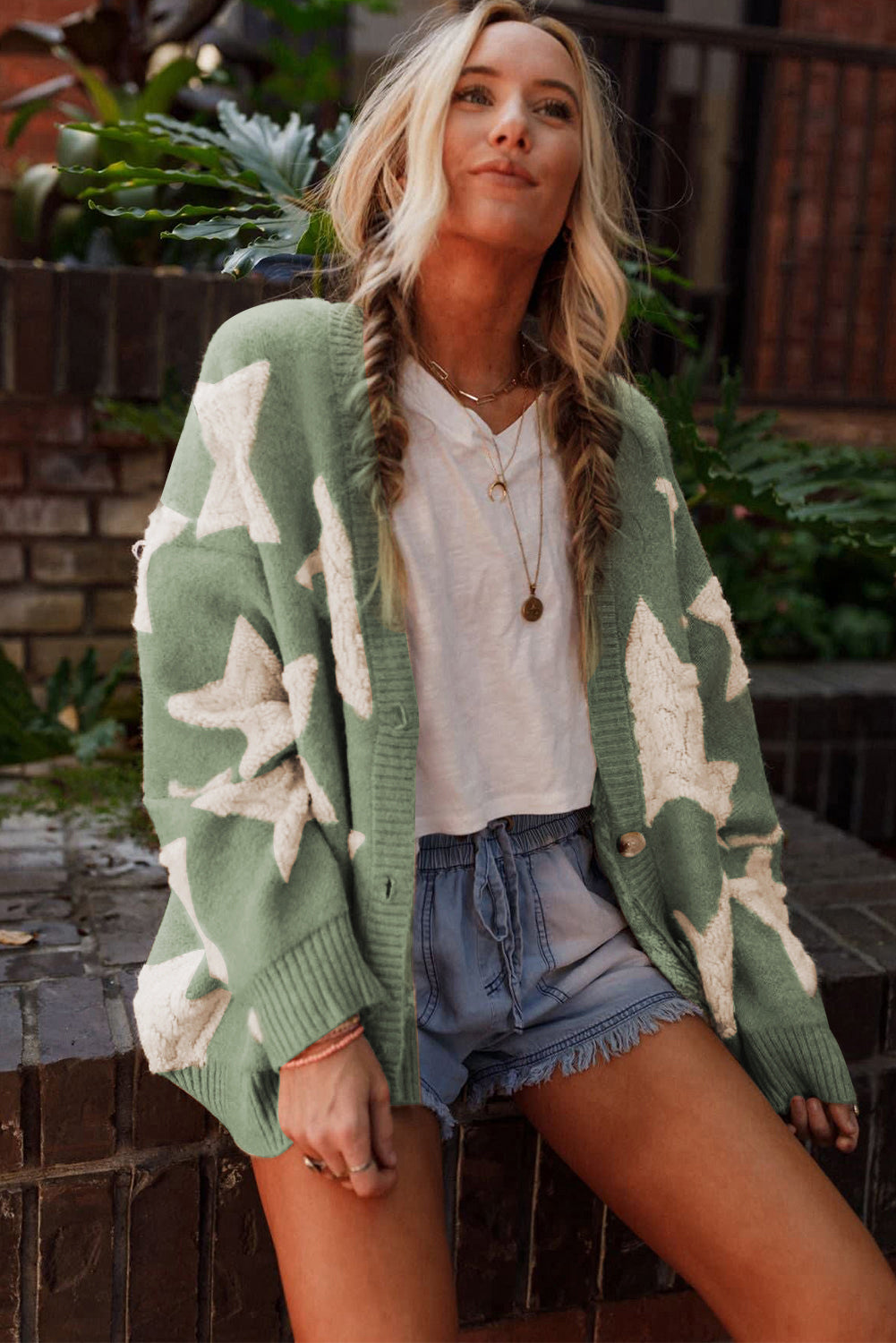 Green Sherpa Star Pattern Textured Sweater Cardigan with Pockets 🇺🇲