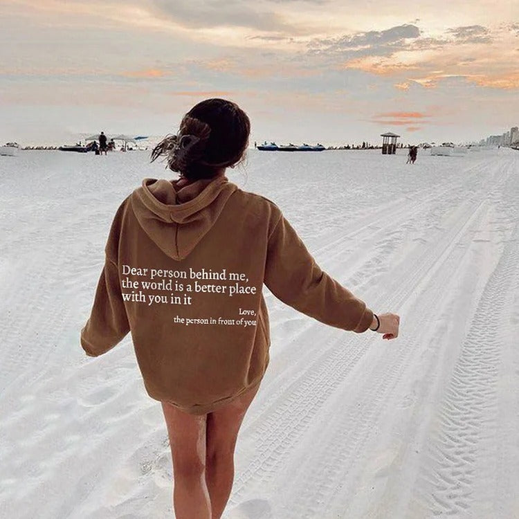 Dear Person Behind Me,the World Is A Better Place,with You In It,love,the Person In Front Of You,Women's Plush Letter Printed Kangaroo Pocket Drawstring Printed Hoodie Unisex Trendy Hoodies 🇨🇳
