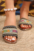 Chestnut Bohemian Pattern Crochet Faux Leather Beach Slippers 🇨🇳