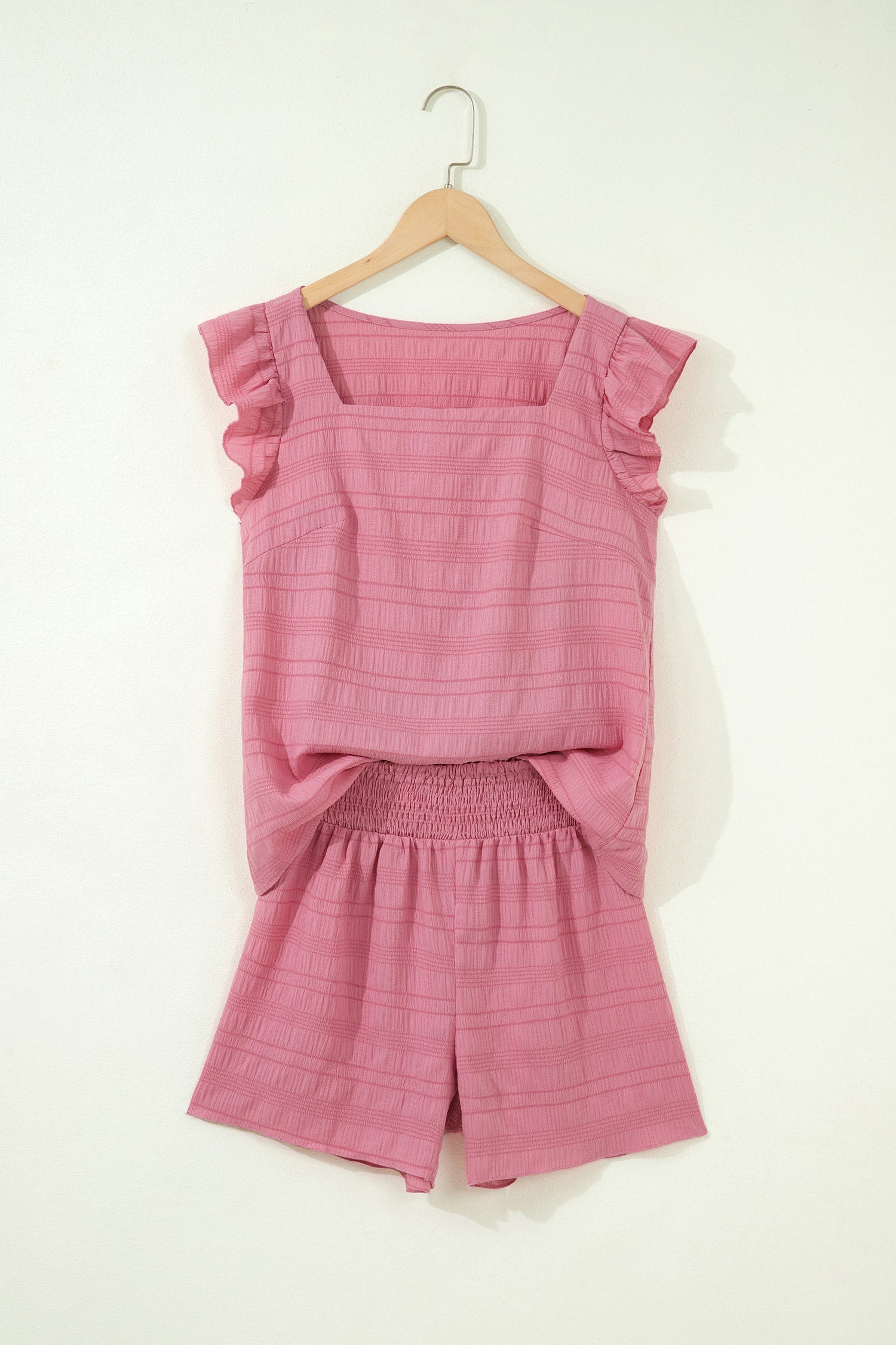 Peach Blossom Textured Square Neck Top and Shirred High Waist Shorts Set 🇺🇸