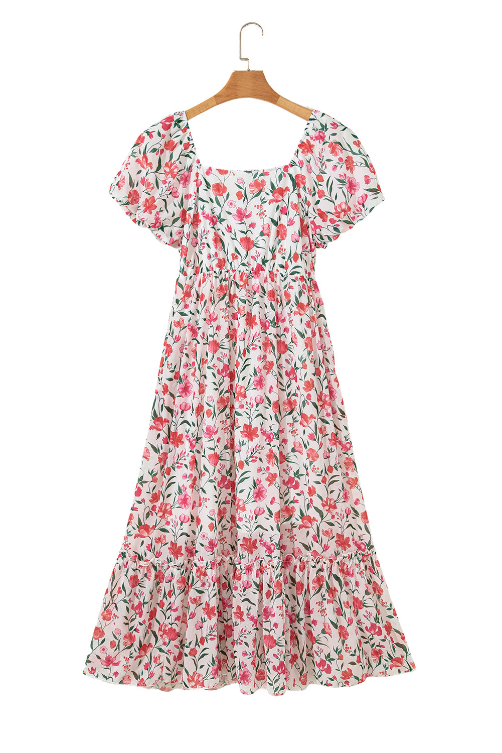 Pink Floral Puff Sleeve Square Neck Empire Waist Tiered Maxi Dress 🇨🇳