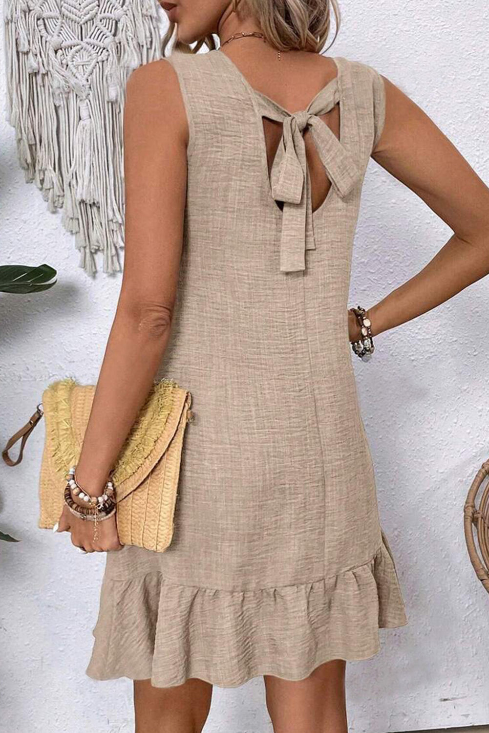 Smoke Gray Knot Scoop Back Ruffle Hem Sleeveless Mini Dress 🇨🇳