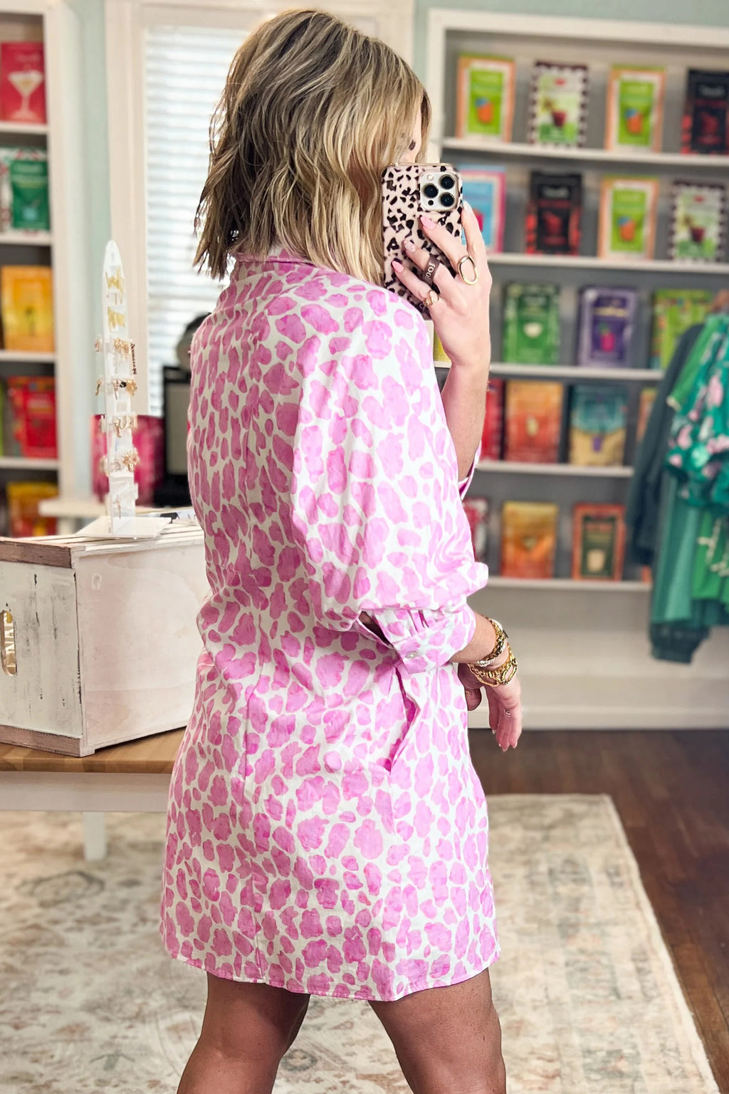 Pink Abstract Leopard Print Tie Waist Puff Sleeve Mini Shirt Dress 🇺🇸