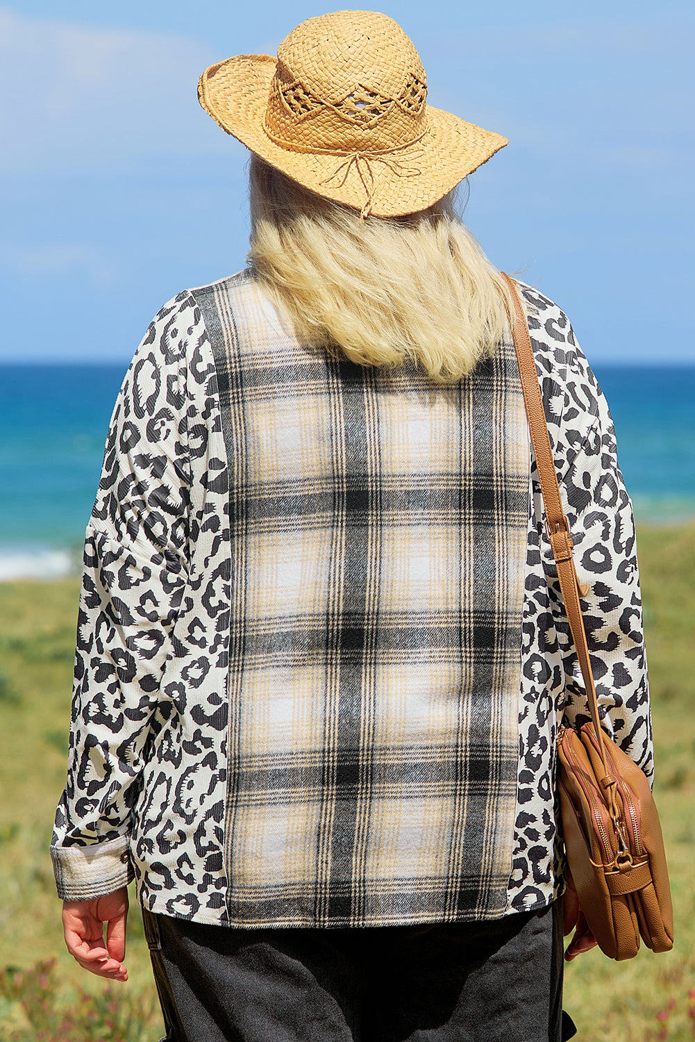 Black Plus Size Plaid Leopard Printed Patchwork Button Up Shacket 🇺🇸