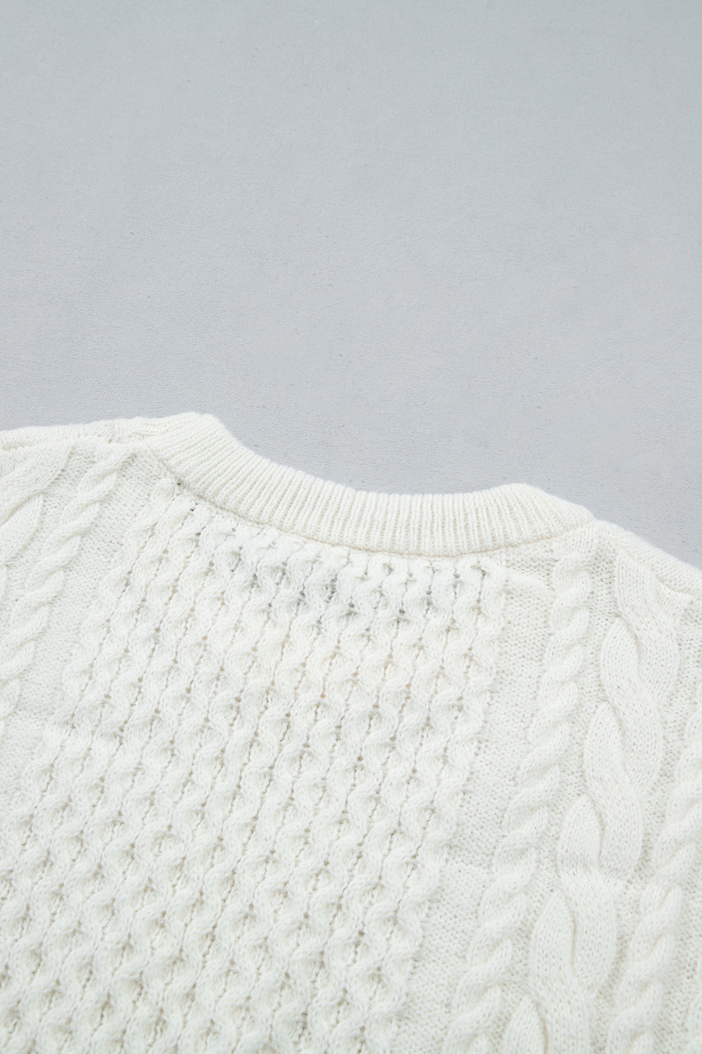 Beige Solid Color Cable Detail Knit Loose Round Neck Sweater 🇺🇸