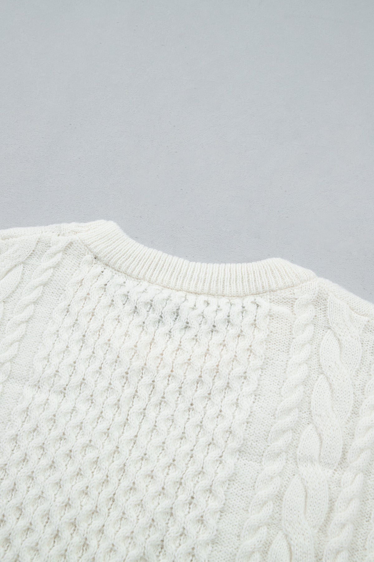 Beige Solid Color Cable Detail Knit Loose Round Neck Sweater 🇺🇸