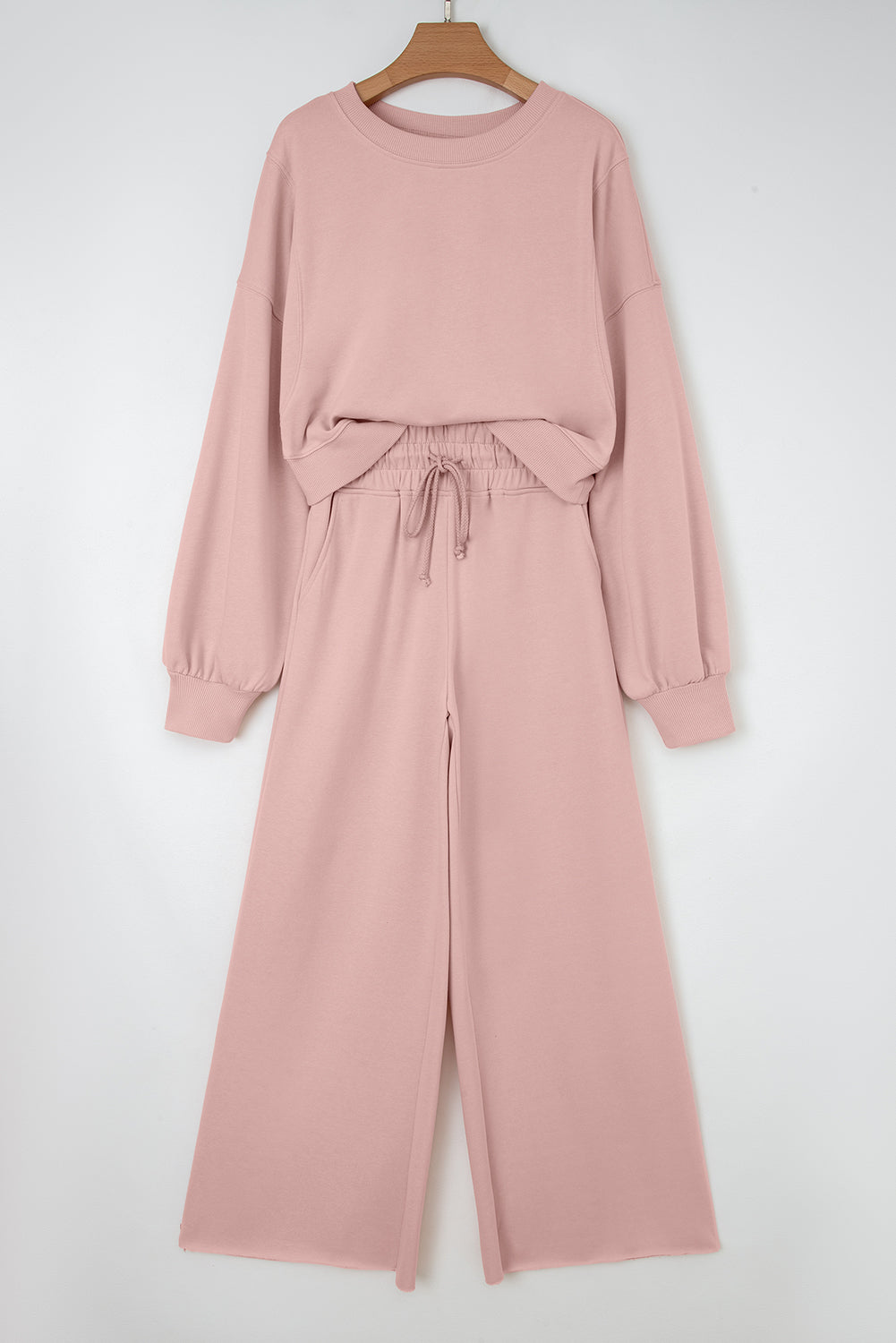 Light Pink Drop Shoulder Puff Sleeve Crop Pullover Drawstring Wide Leg Pants Set 🇺🇸