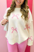 Pink Bow Print Ribbed Trim Exposed Seam Drop Shoulder Loose Sweater 🇺🇸