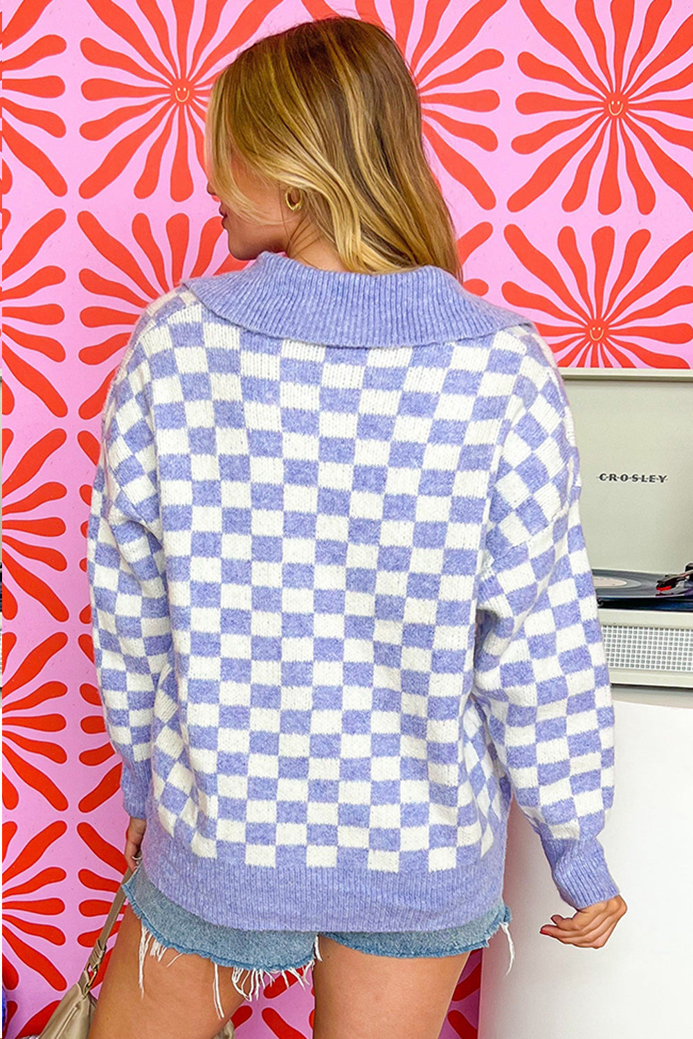Purple Checkered Collared Buttons Plus Size Sweater 🇺🇸