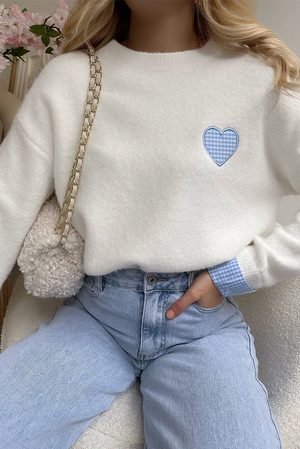 White Plaid Heart Embroidered Cuffed Drop Shoulder Crew Neck Sweater 🇺🇸