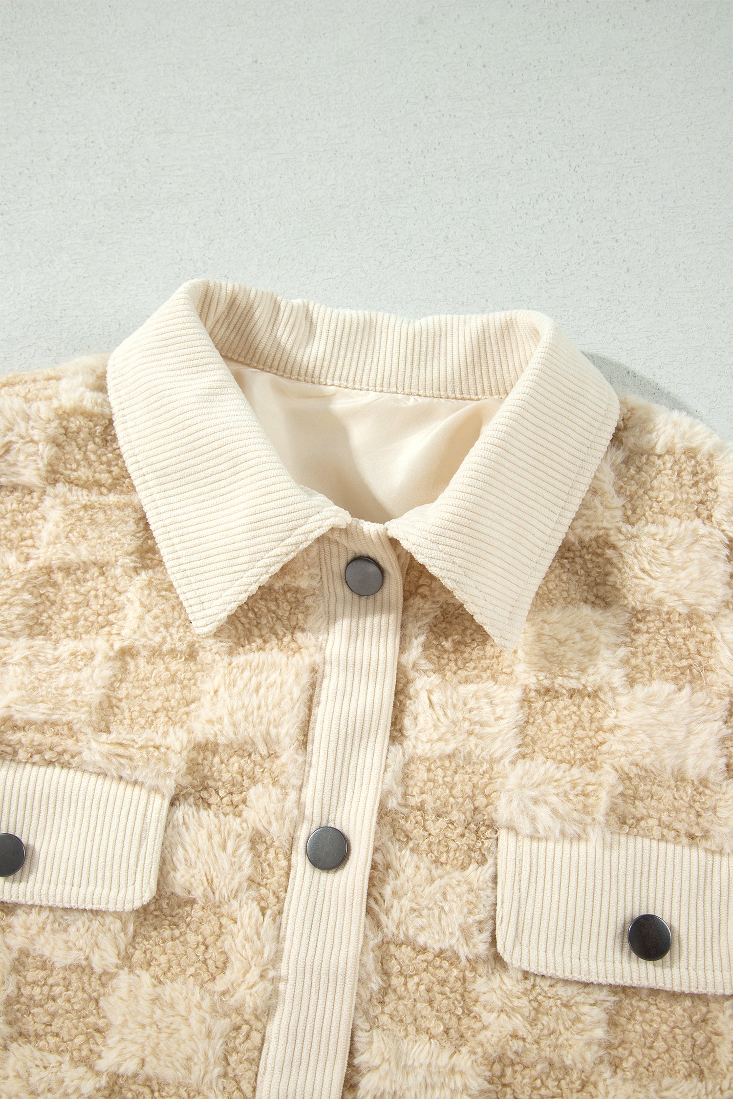 Khaki Plush Checkered Corduroy Trim Metal Button Long Sleeve Shift Silhouette Shacket 🇺🇸