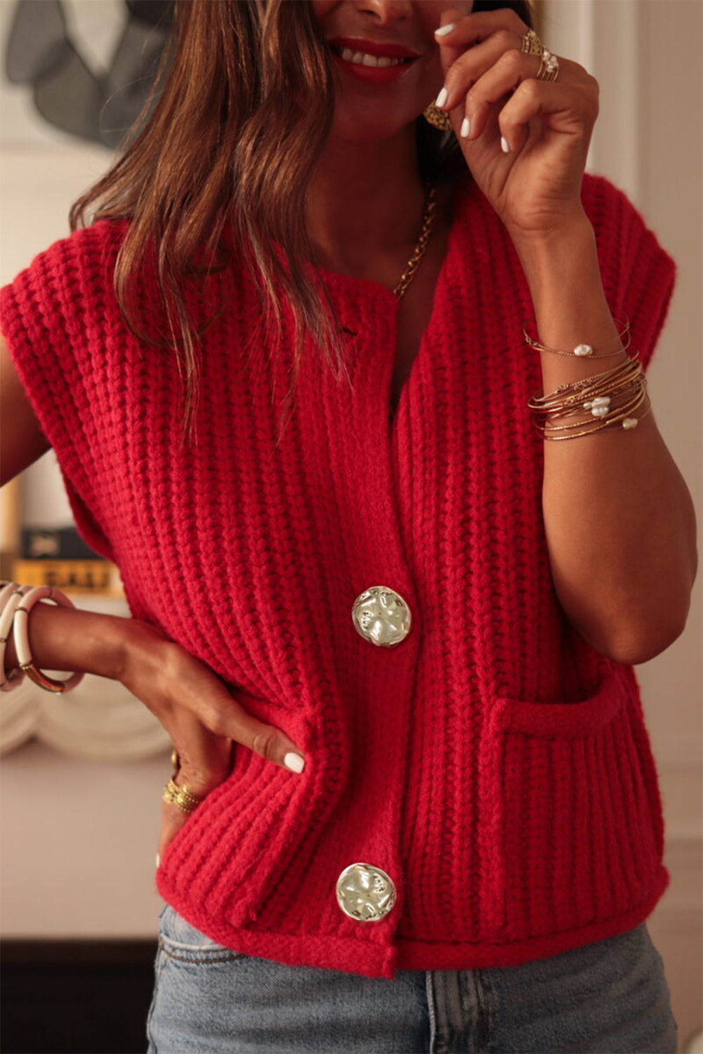 Fiery Red Solid Textured Knit Side Pockets Buttoned Sweater Vest 🇺🇸