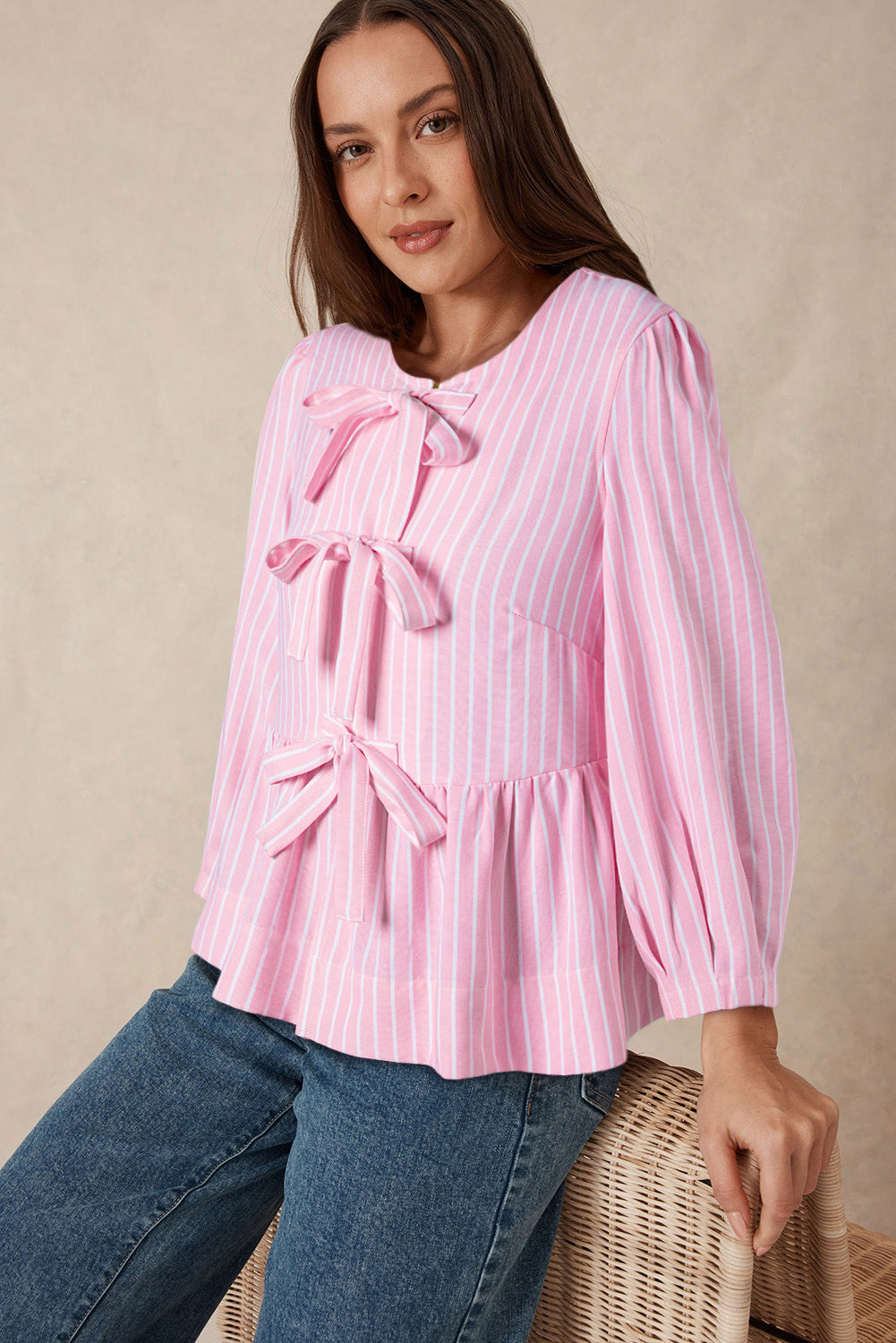 Pink Stripe Bowknot Front Crew Neck Puff Sleeve Blouse 🇺🇸