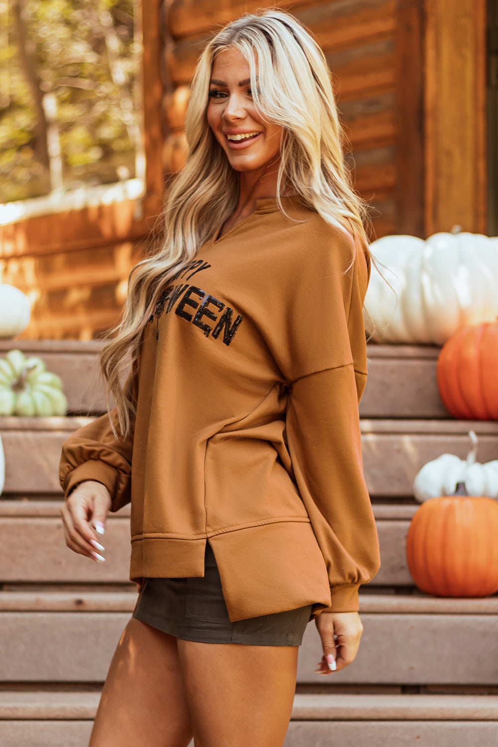 Chestnut Sequin Happy Halloween Graphic Notched Neck Long Sleeve Loose Top 🇺🇸
