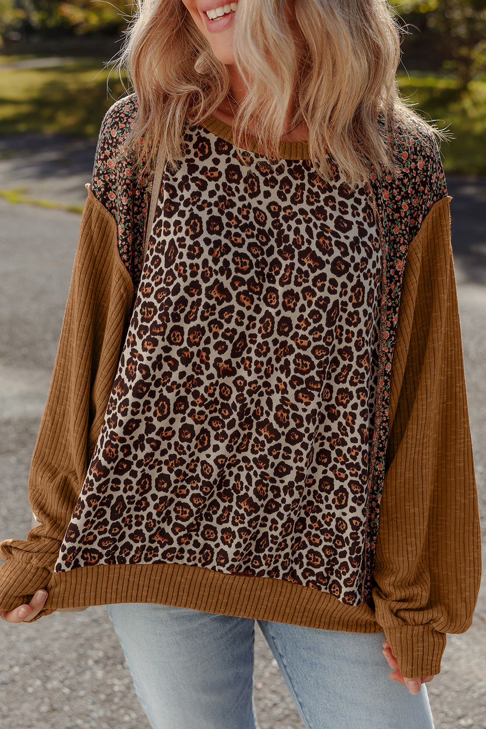 Brown Leopard Floral Print Ribbed Puff Sleeve Patchwork Loose Pullover 🇺🇸