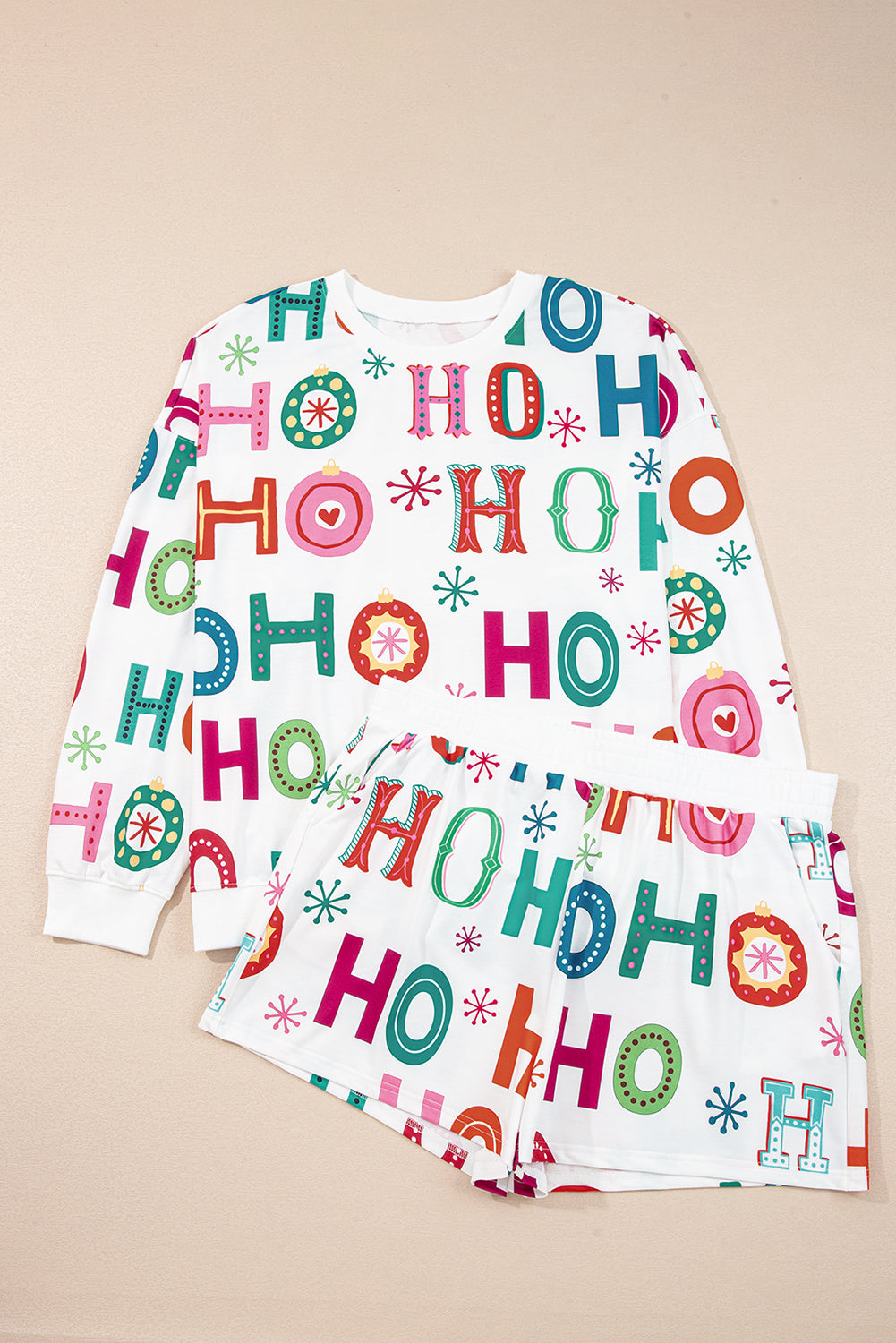 White Plus Size Christmas Ho Ho Ho Print Long Sleeve Top and Shorts 2pc Lounge Set 🇺🇸