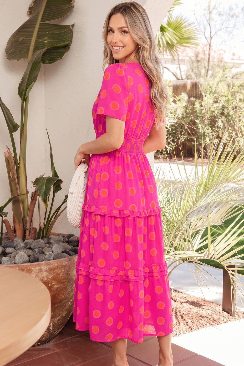 Rose Double Polka Dot Short Sleeve Shirred High Waist Midi Dress 🇺🇸