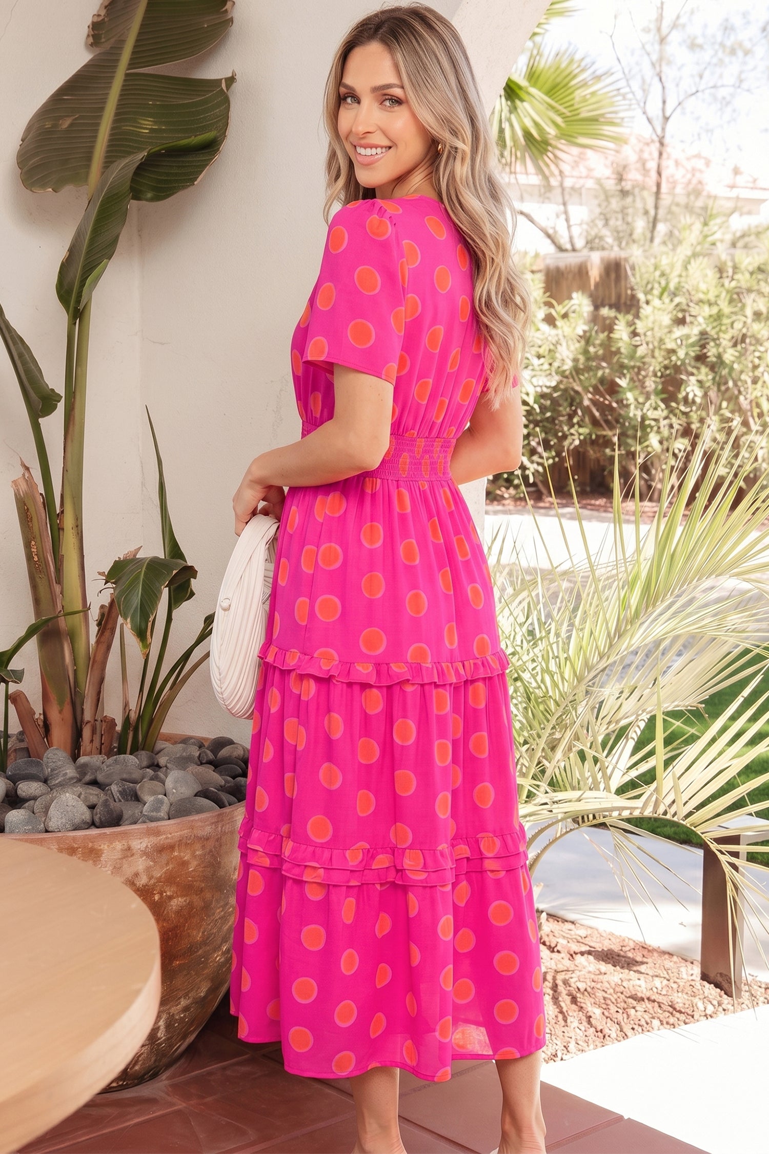 Rose Double Polka Dot Short Sleeve Shirred High Waist Midi Dress 🇺🇸