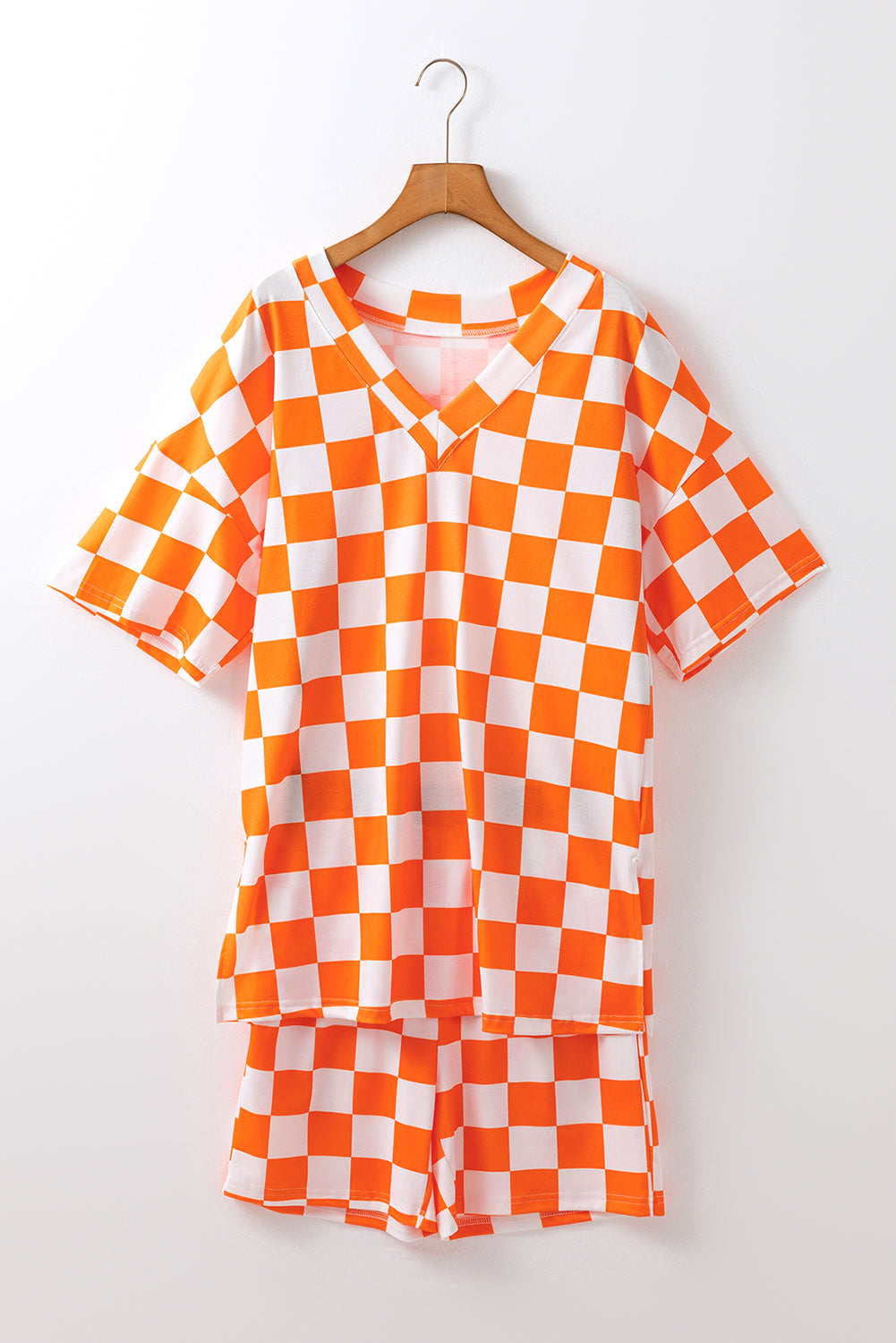 Orange Checkerboard Print V Neck Loose Tee and Shorts Lounge Set 🇨🇳