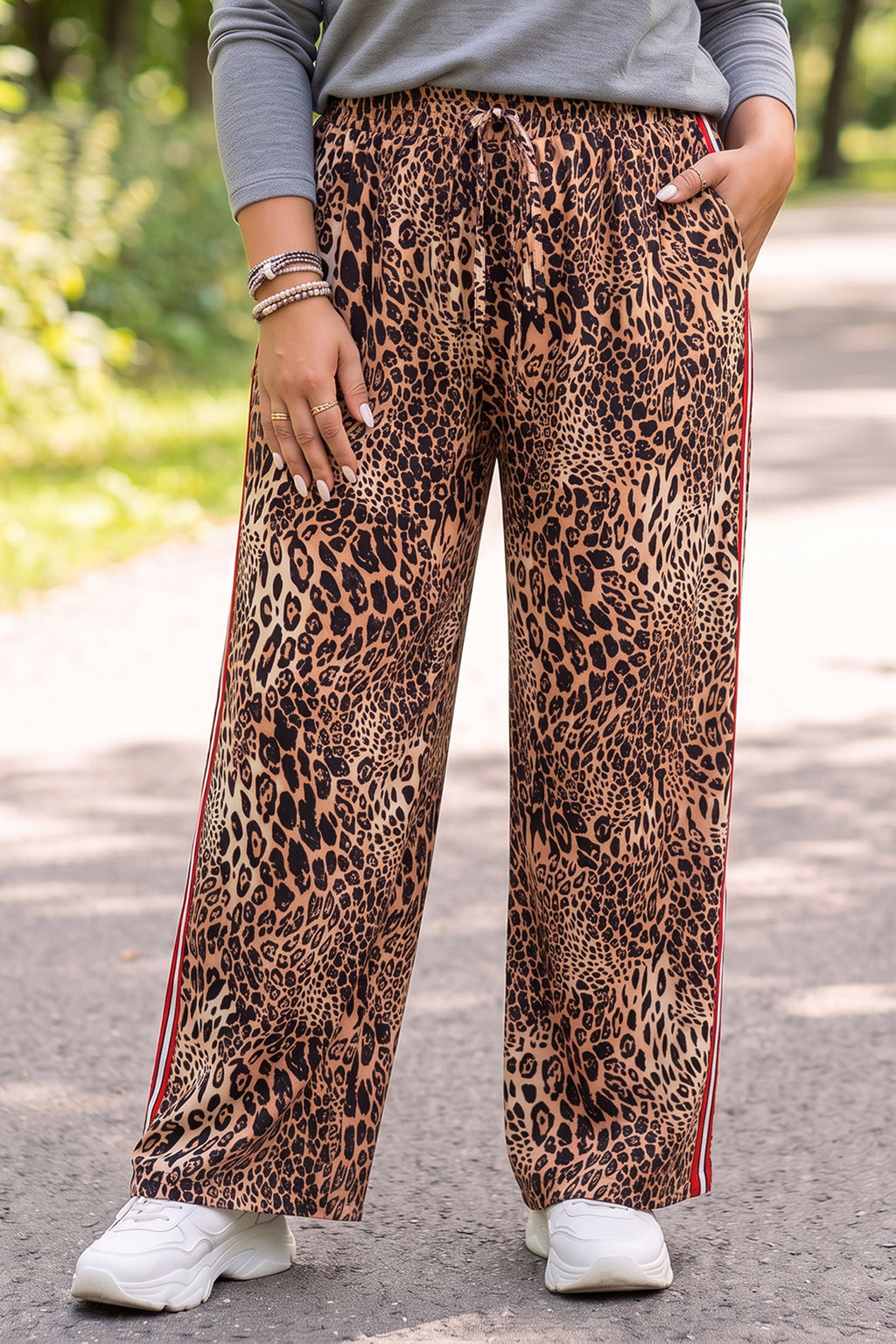 Khaki Leopard Print Colorblock Side Stripes Wide Leg Full Length Plus Size Pants 🇺🇸
