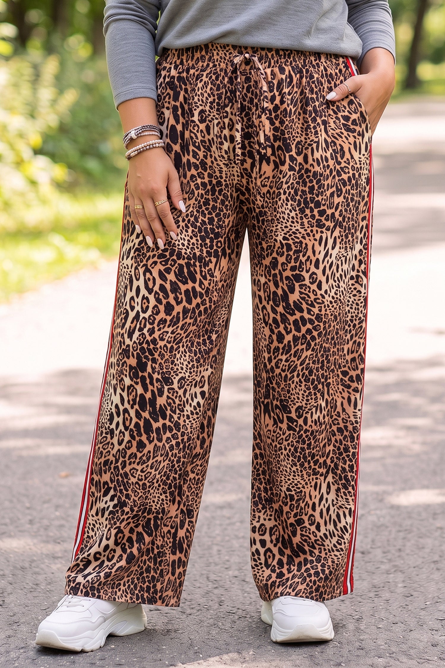 Khaki Leopard Print Colorblock Side Stripes Wide Leg Full Length Plus Size Pants 🇺🇸