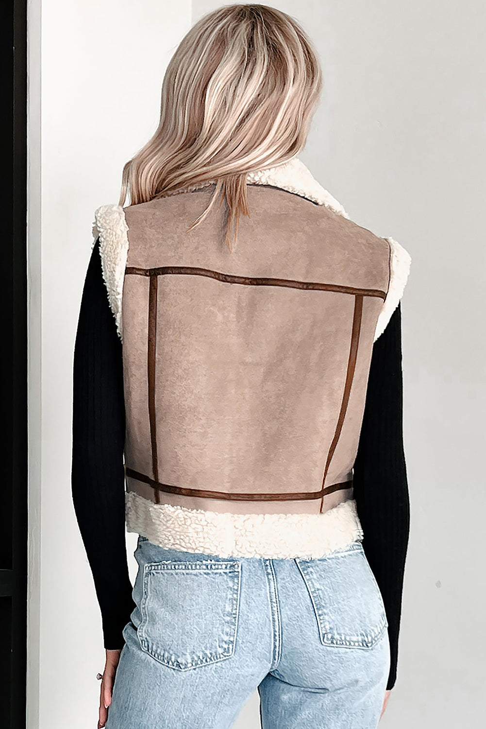 Dark Khaki Sherpa Lined Faux Suede Lapel Collar Vest 🇺🇸
