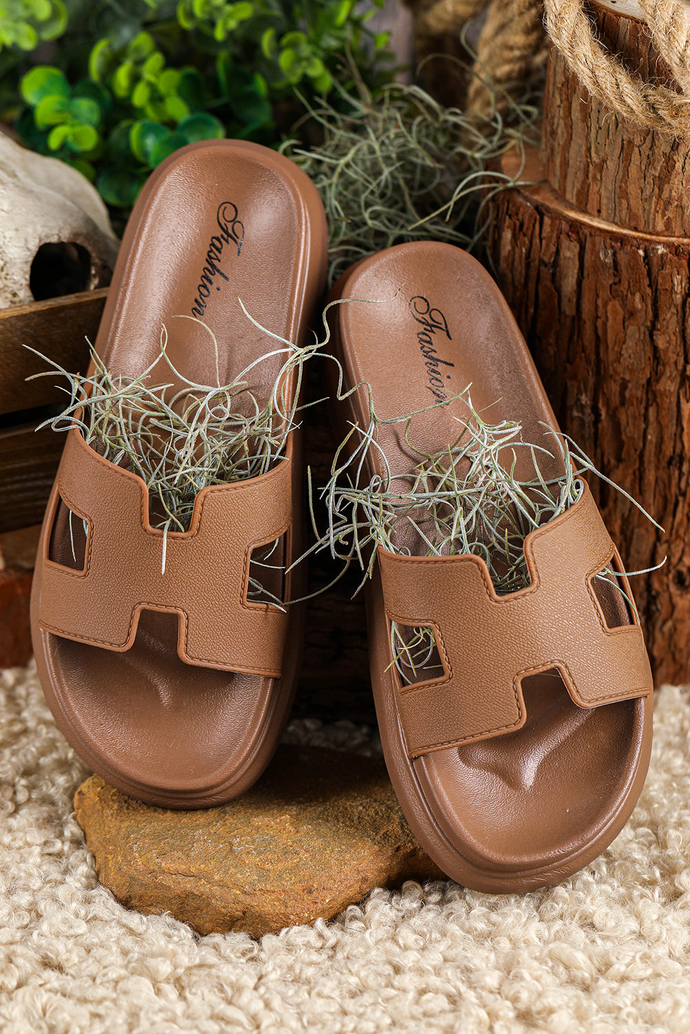 Chestnut Cutout Design Open Toe Platform Slippers (Run Small, Size Up) 🇨🇳