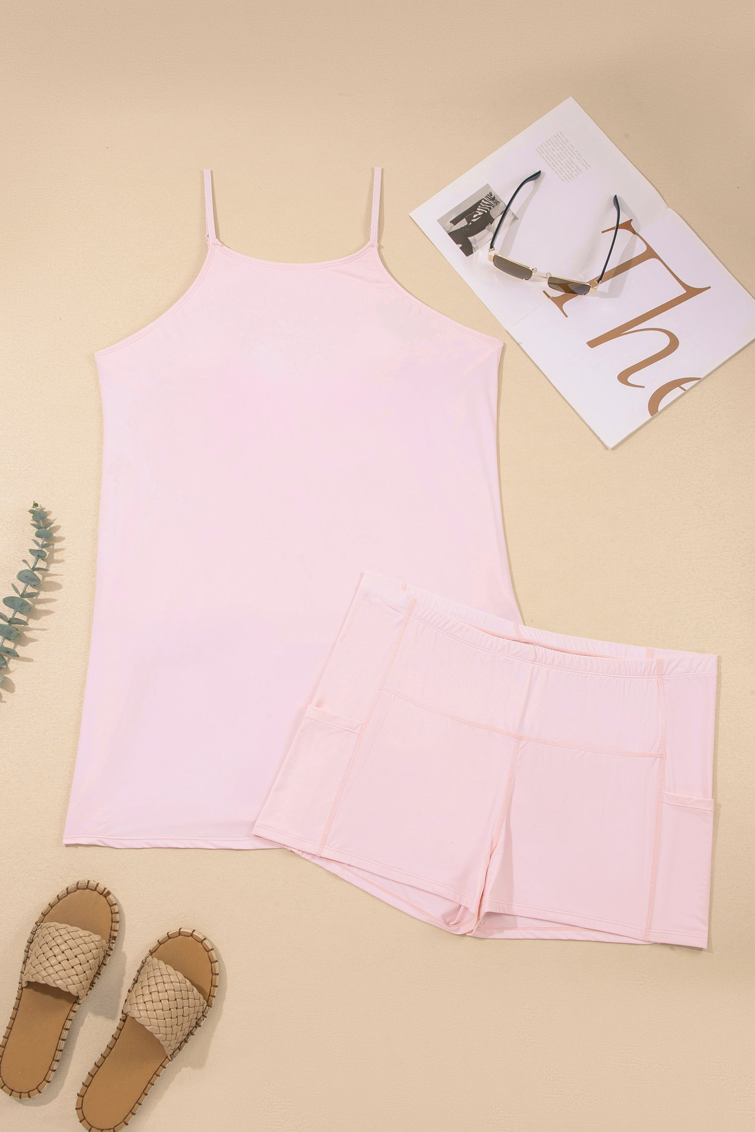 Pink Plus Size Build-in Shorts Sleeveless Dress With Short Two Piece Set 🇺🇸