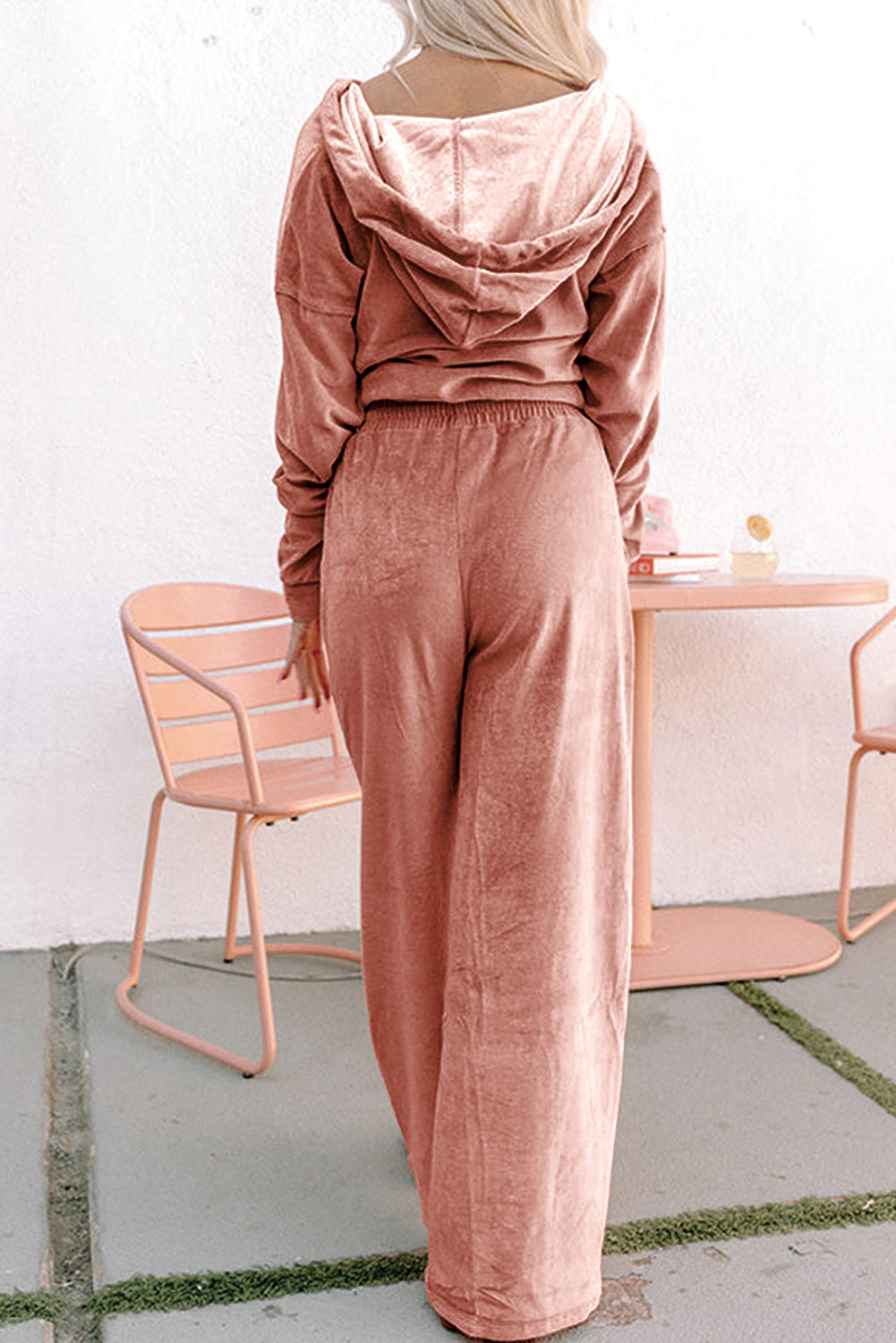 Peach Blossom Velvet Zip-up Hoodie and Wide Leg Pants Set 🇺🇸