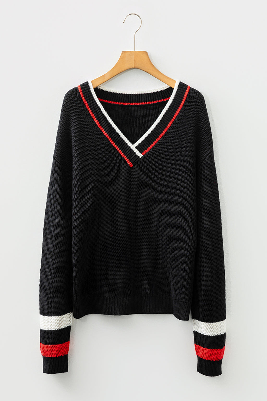 Black Contrast Striped Trim V Neck Drop Shoulder Sweater 🇺🇸