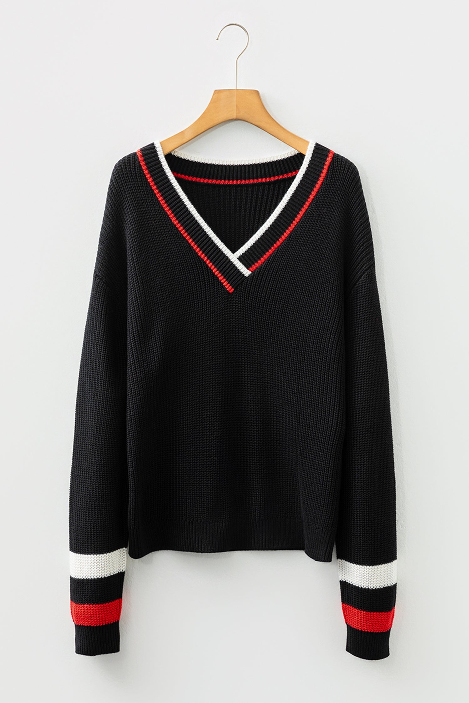Black Contrast Striped Trim V Neck Drop Shoulder Sweater 🇺🇸