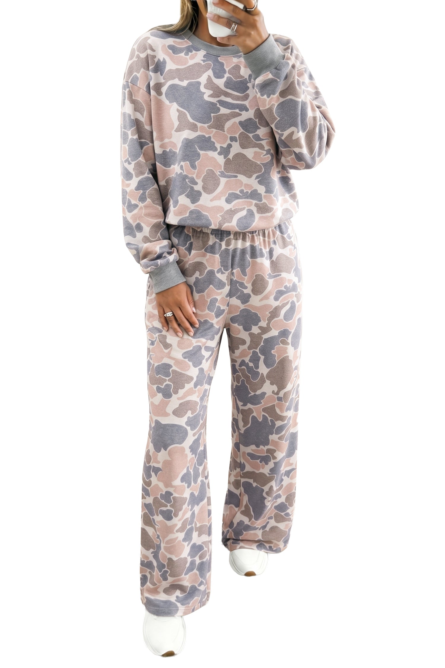 Multicolour Camouflage Print Long Sleeve Top Loose 2pcs Pants Set 🇺🇸