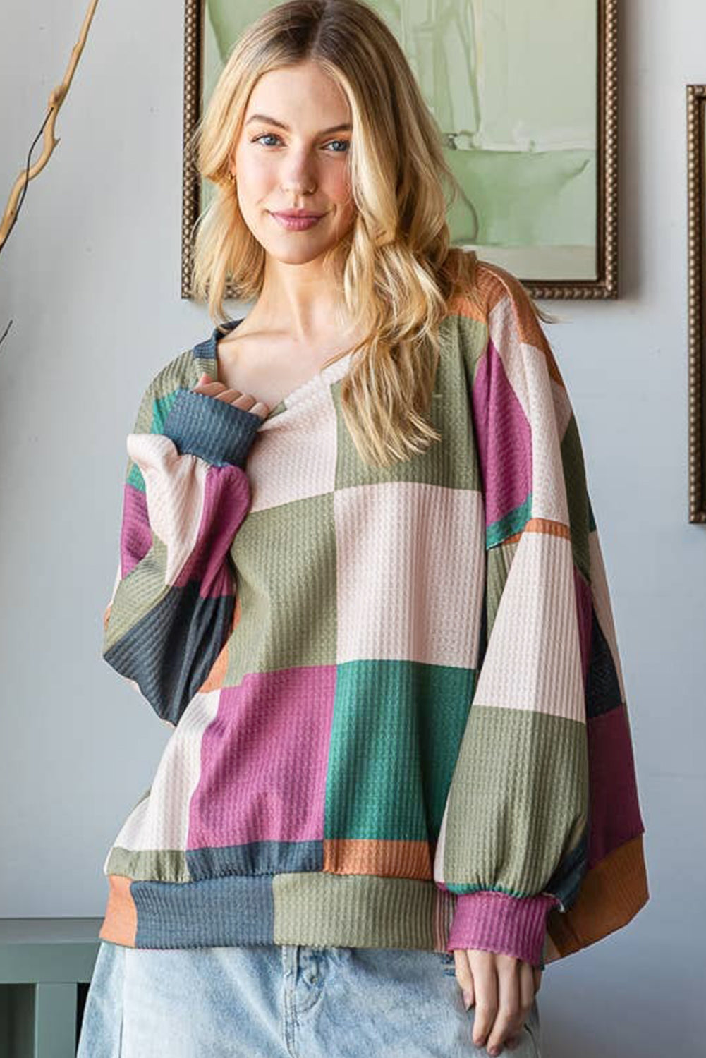 Green Checkered Print Textured Knit Long Sleeve Loose Top 🇺🇸