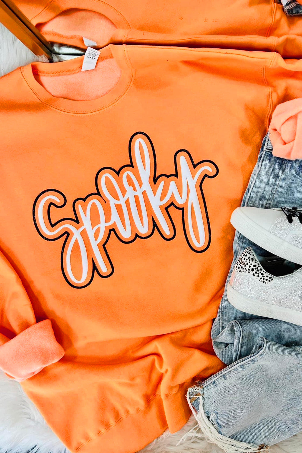 Grapefruit Orange Spooky Graphic Halloween Crew Neck Holiday Sweatshirt 🇺🇸