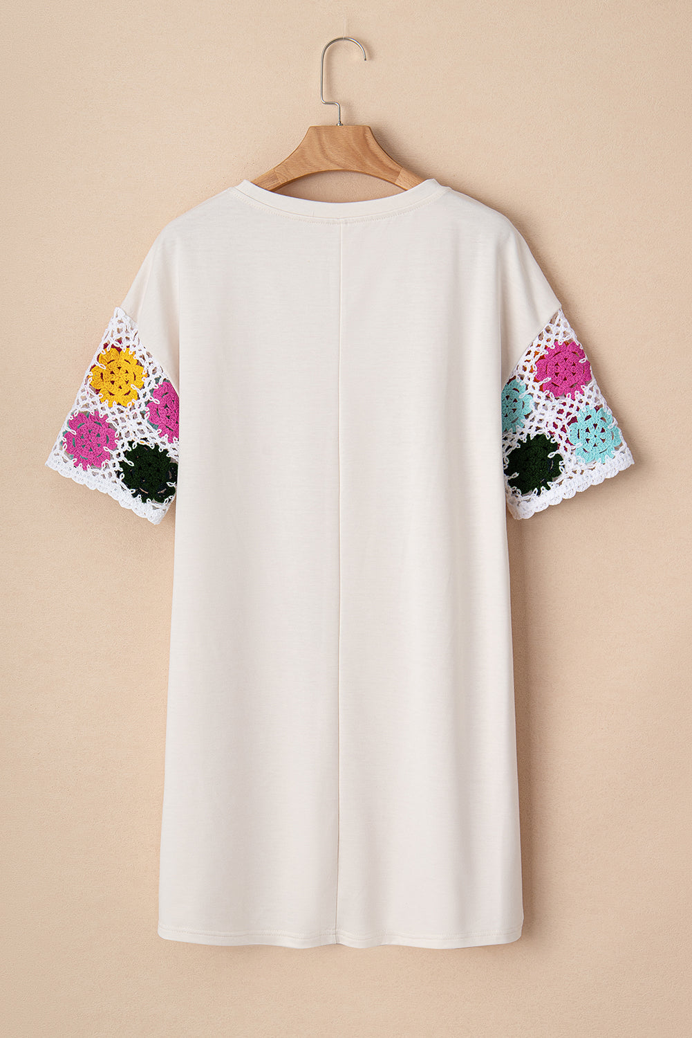 White Floral Crochet Splicing Sleeve T Shirt Dress 🇺🇸
