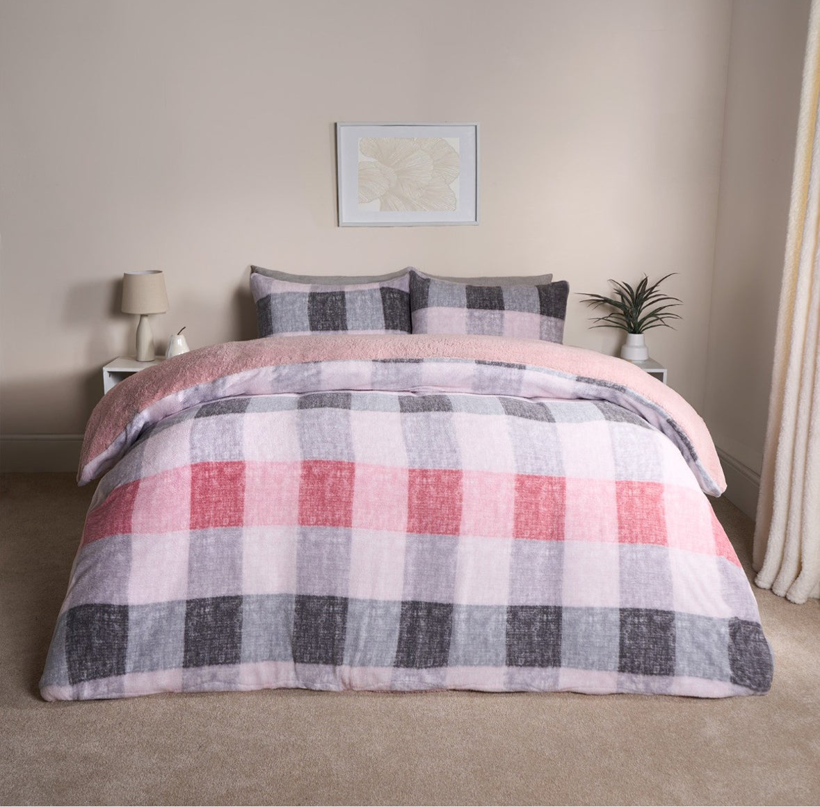 Gingham Check Teddy Duvet Set - Blush 🇬🇧